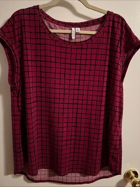 Elle Deep Pink Grid Cap Sleeve Blouse
